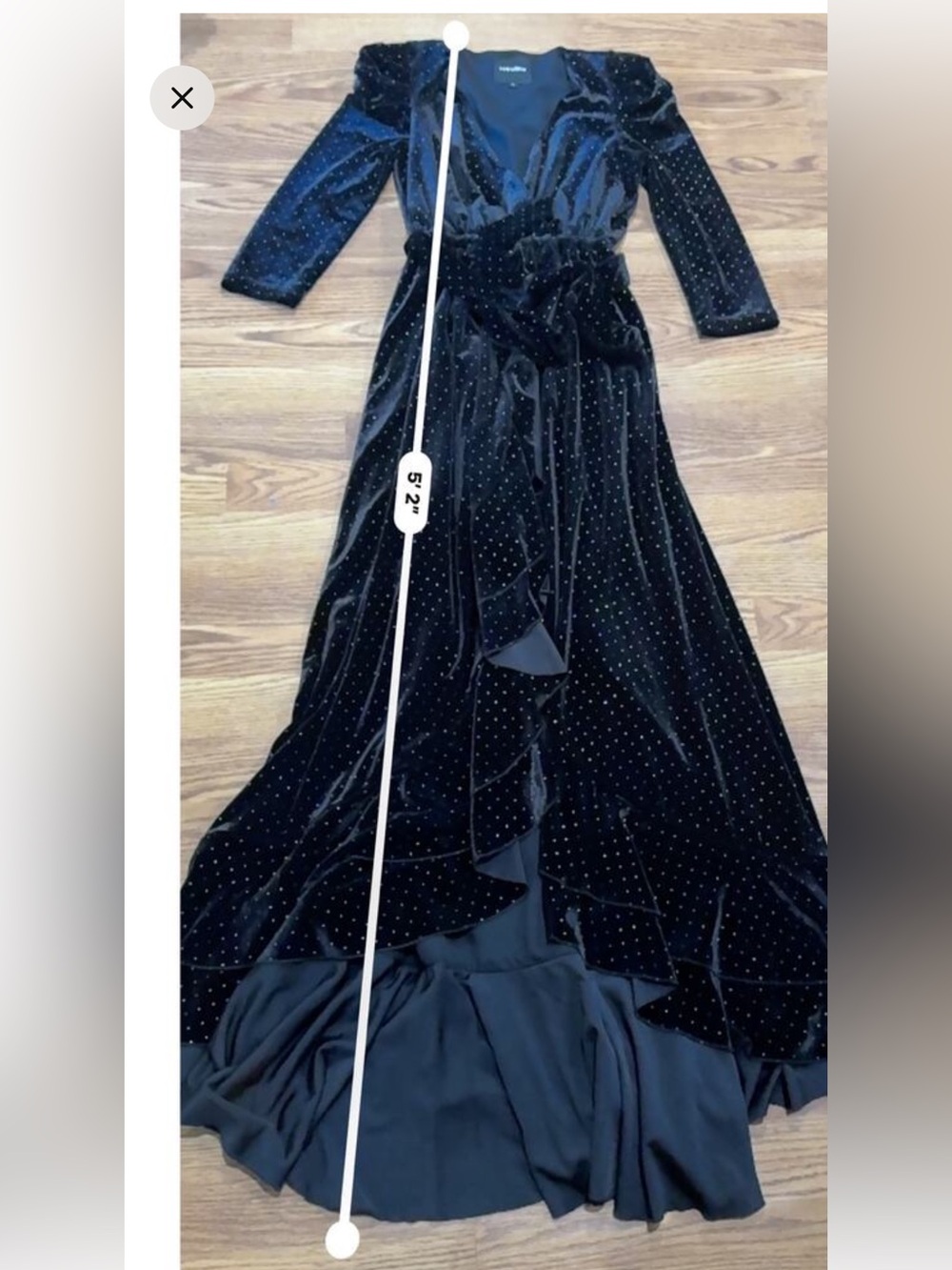 retro fat puff shoulder, black velvet, studded ruffled wrap dress - Picture 8 of 9